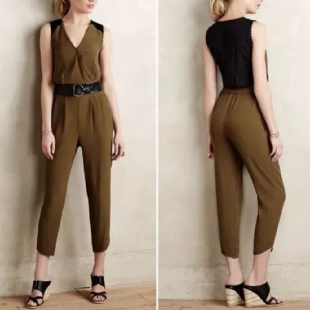 LEIFSDOTTIR x ANTHROPOLOGIE | Sani Lace Jumpsuit Moss Sleeveless‎ Pockets | 14